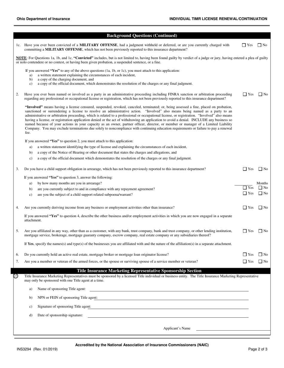 Form INS3294 Individual Title Insurance Marketing Representative (Timr) License Renewal / Continuation - Ohio, Page 2