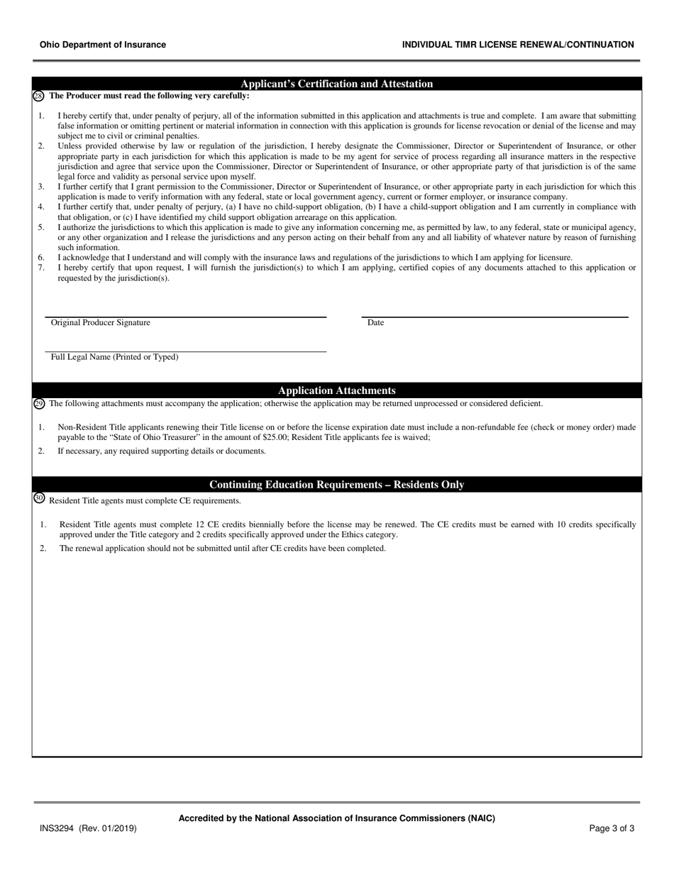 Form INS3294 Individual Title Insurance Marketing Representative (Timr) License Renewal / Continuation - Ohio, Page 3