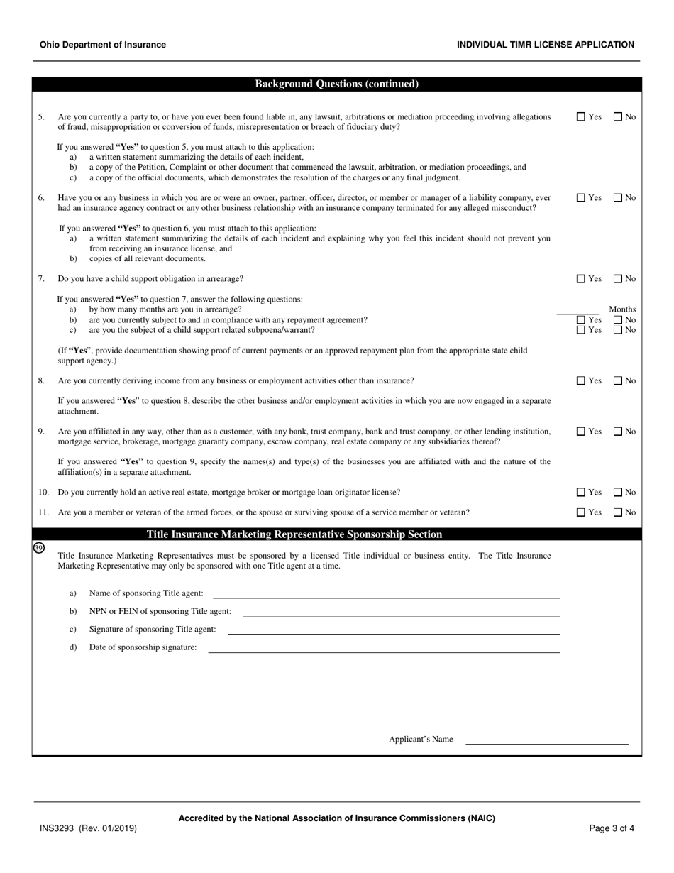 Form INS3293 Individual Title Insurance Marketing Representative (Timr) License Application - Ohio, Page 3
