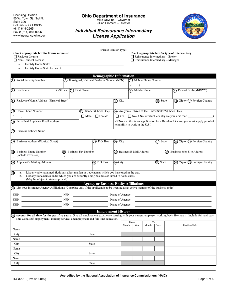 Form INS3291 Individual Reinsurance Intermediary License Application - Ohio, Page 1