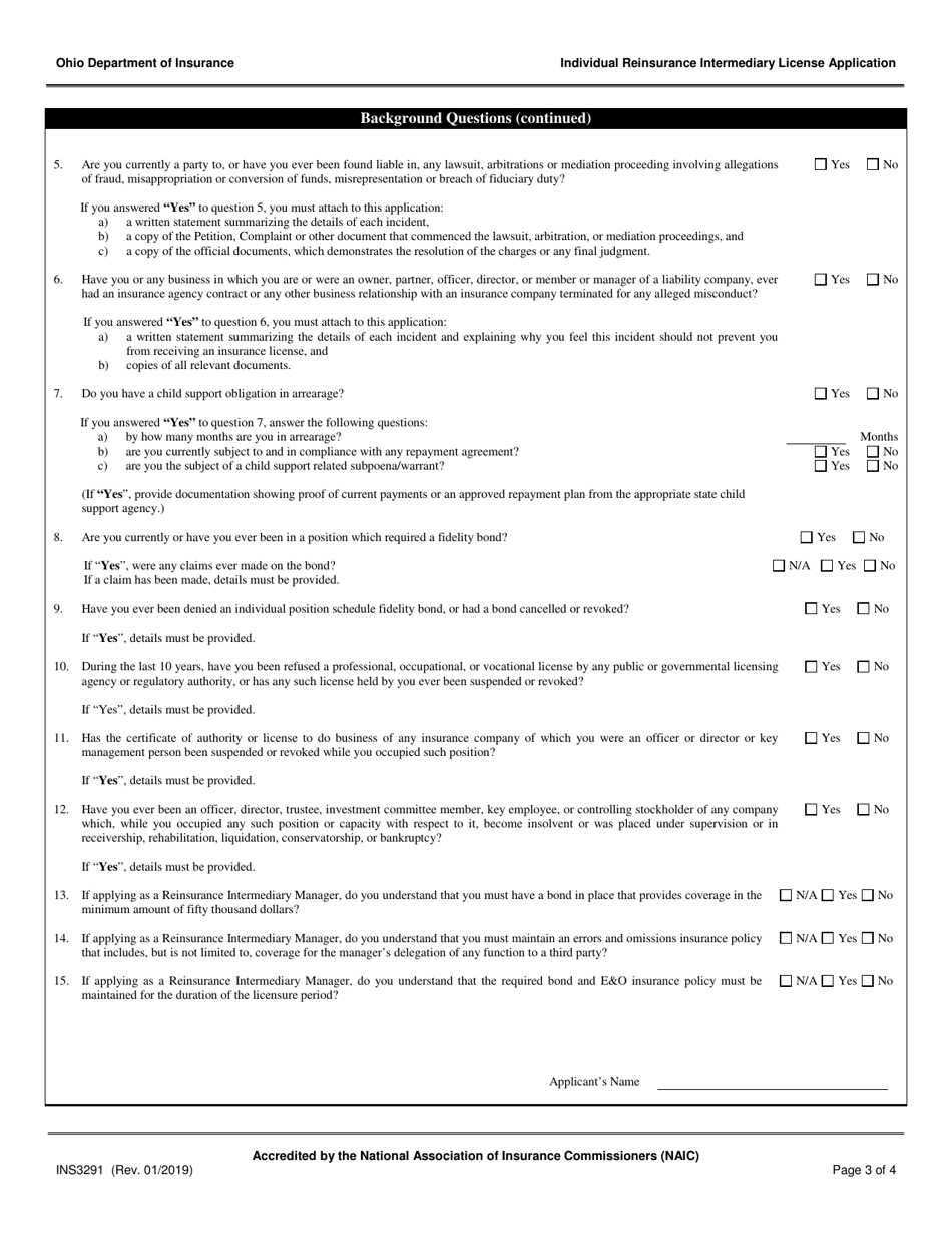 Form INS3291 Individual Reinsurance Intermediary License Application - Ohio, Page 3