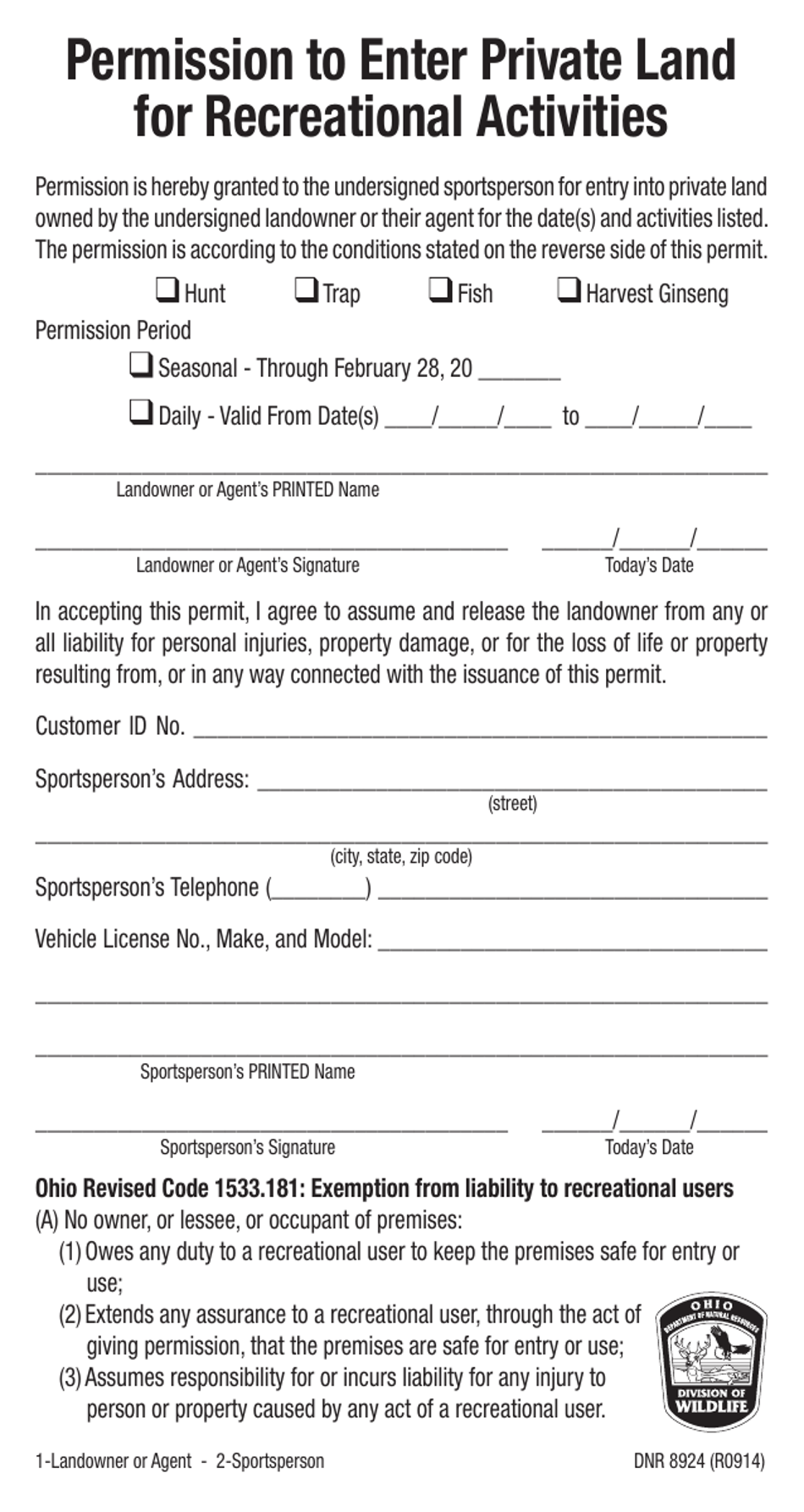 Form DNR8924 Permission to Enter Private Land for Recreational Activities - Ohio, Page 1