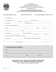 Form DNR8456 &quot;Duplicate Registration or Decals&quot; - Ohio