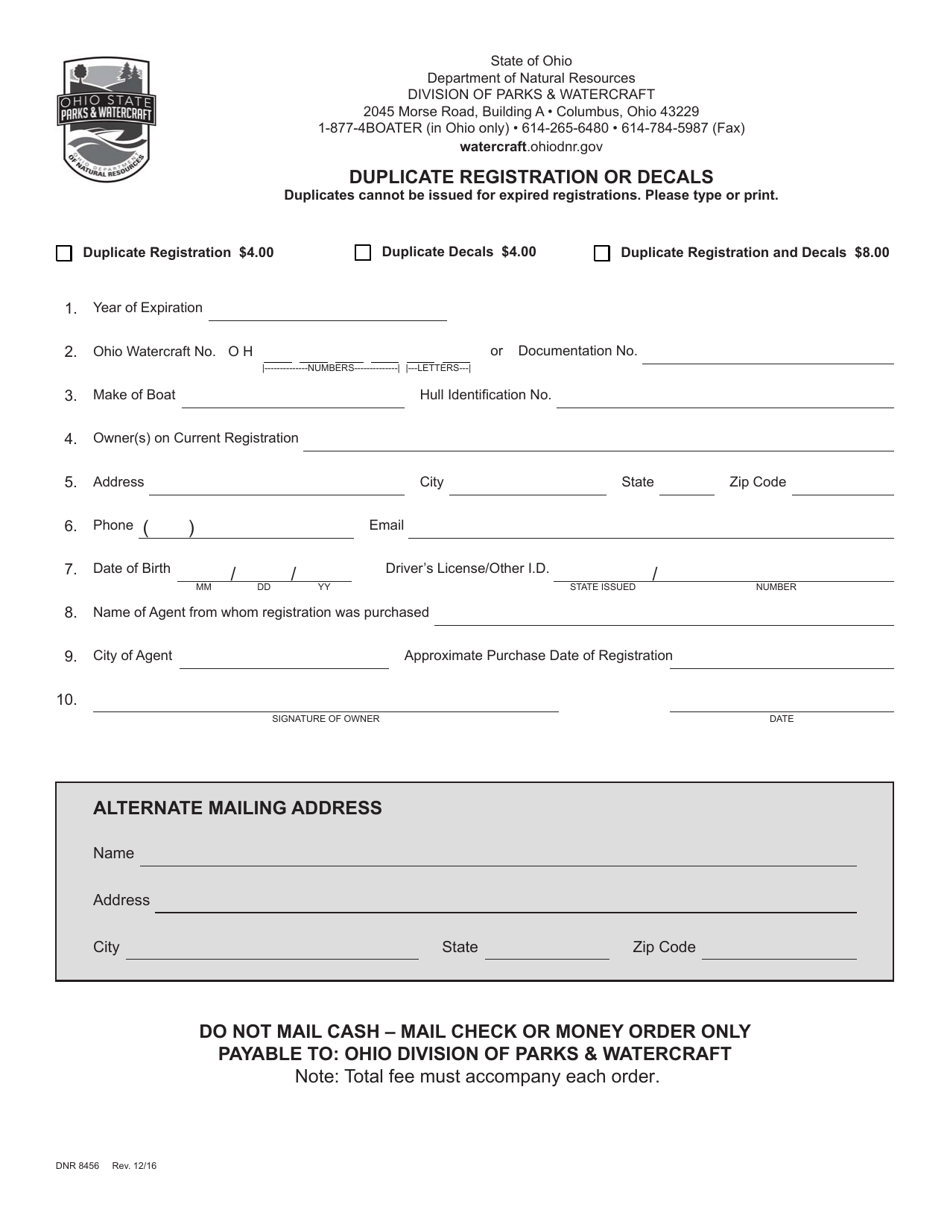 Form DNR8456 Duplicate Registration or Decals - Ohio, Page 1