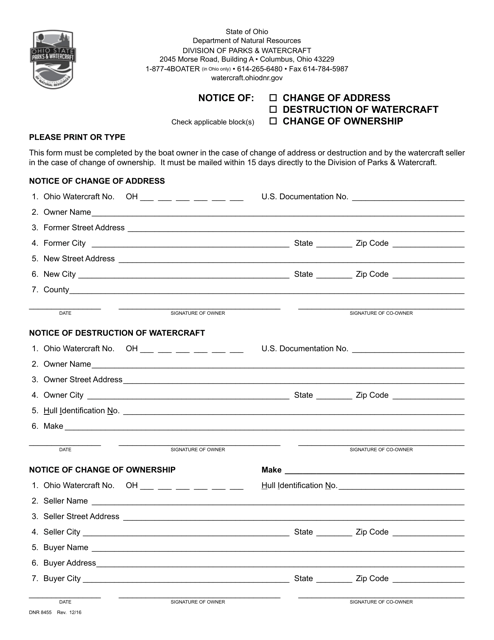 Form DNR8455 Notice of Change of Address/Destruction of Watercraft/Change of Ownership - Ohio