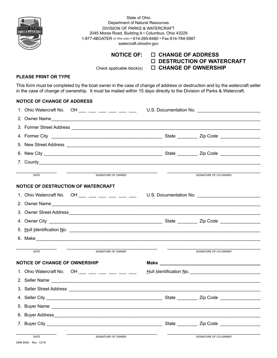 Form DNR8455 Notice of Change of Address / Destruction of Watercraft / Change of Ownership - Ohio, Page 1