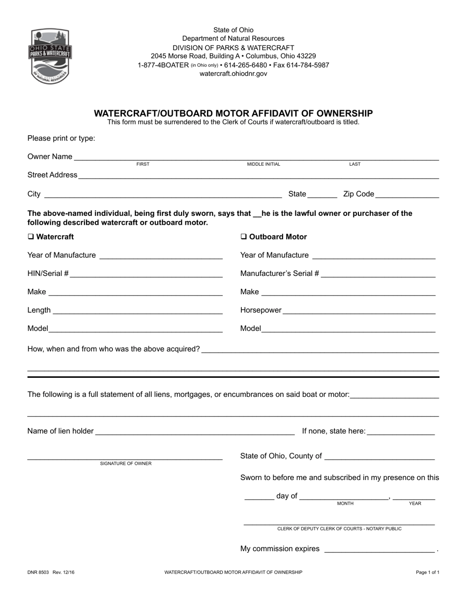 Form DNR8503 Watercraft / Outboard Motor Affidavit of Ownership - Ohio, Page 1