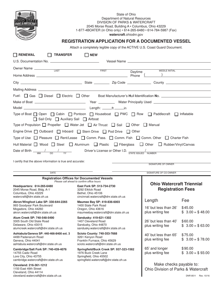 Form DNR8511 Registration Application for a Documented Vessel - Ohio, Page 1