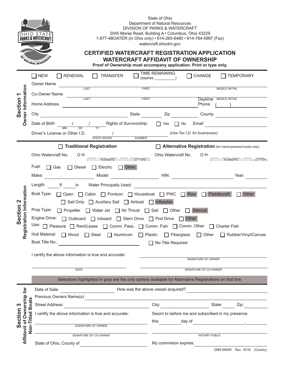 Form DNR8460R Certified Watercraft Registration Application - Watercraft Affidavit of Ownership - Ohio, Page 1