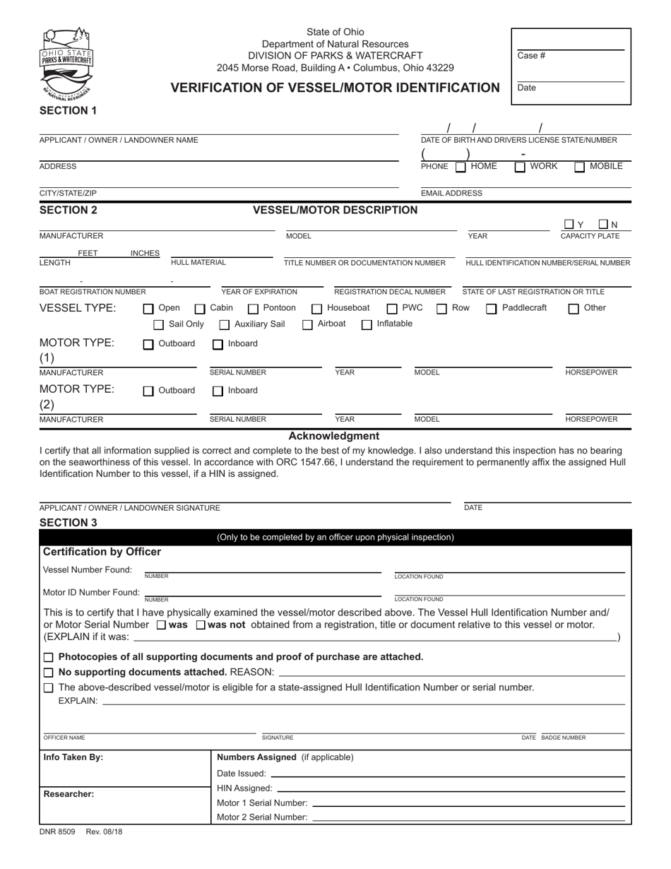Form DNR8509 Verification of Vessel / Motor Identification - Ohio, Page 1