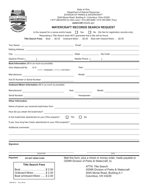 Form DNR8513 Watercraft Records Search Request - Ohio
