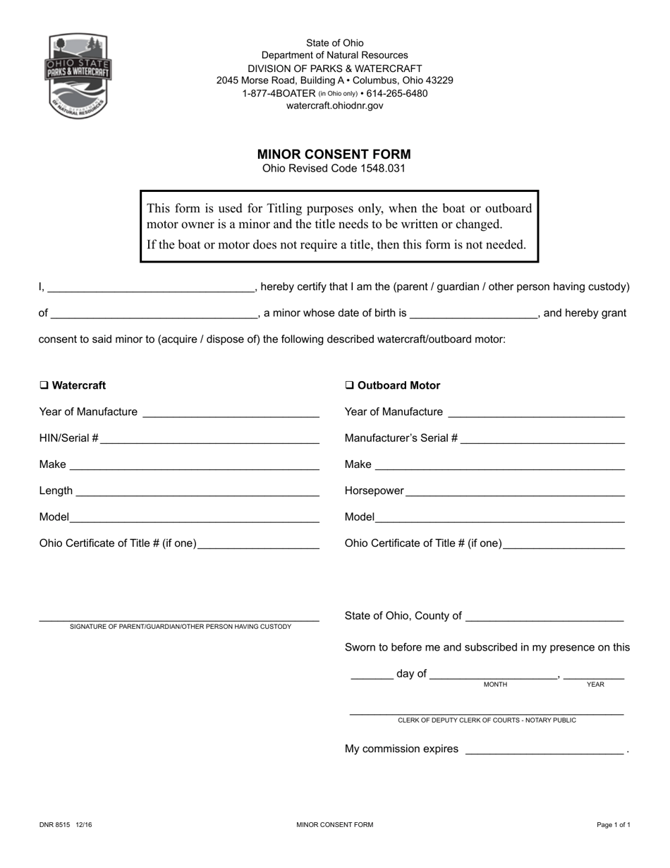 Form DNR8515 Minor Consent Form - Ohio, Page 1