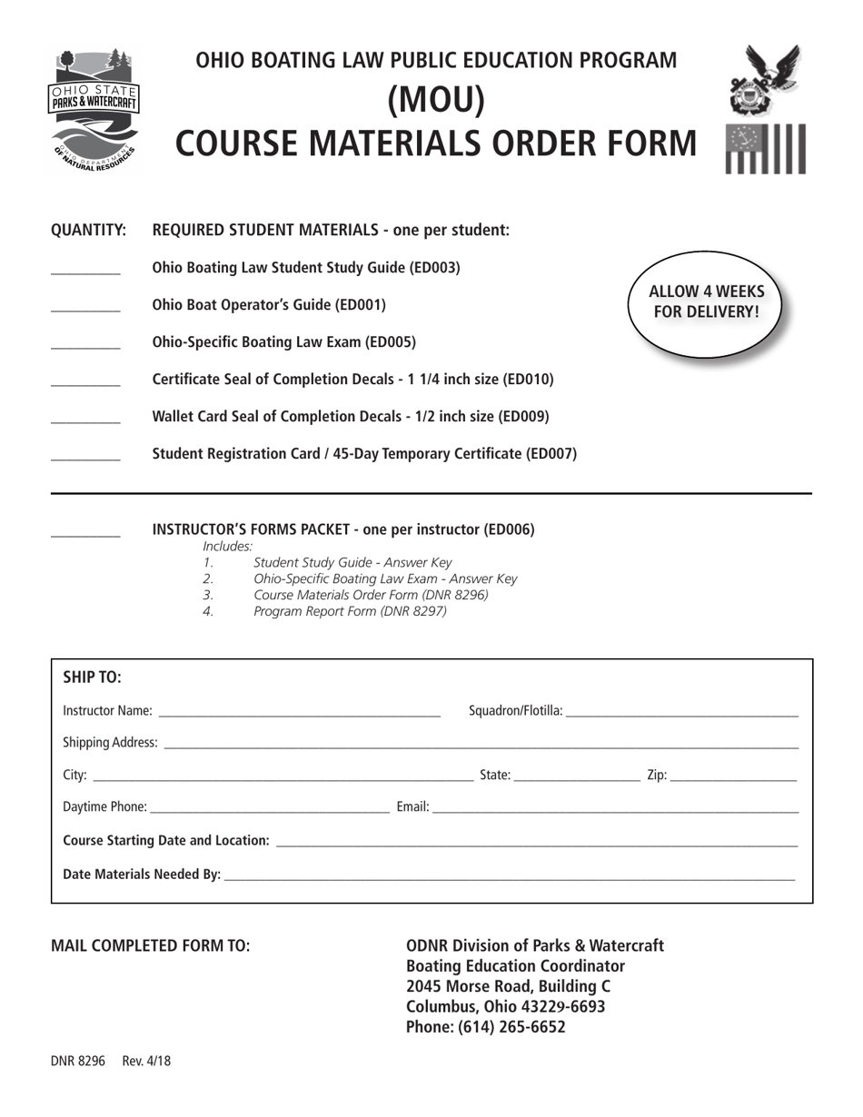 Form DNR8296 (Mou) Course Materials Order Form - Ohio, Page 1