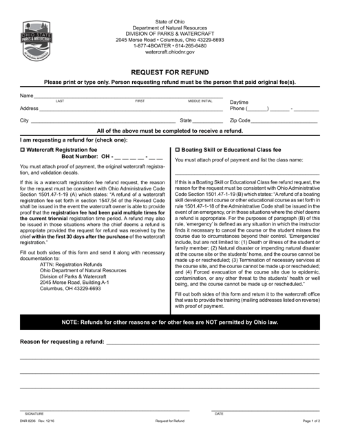 Form DNR8206 Request for Refund - Ohio