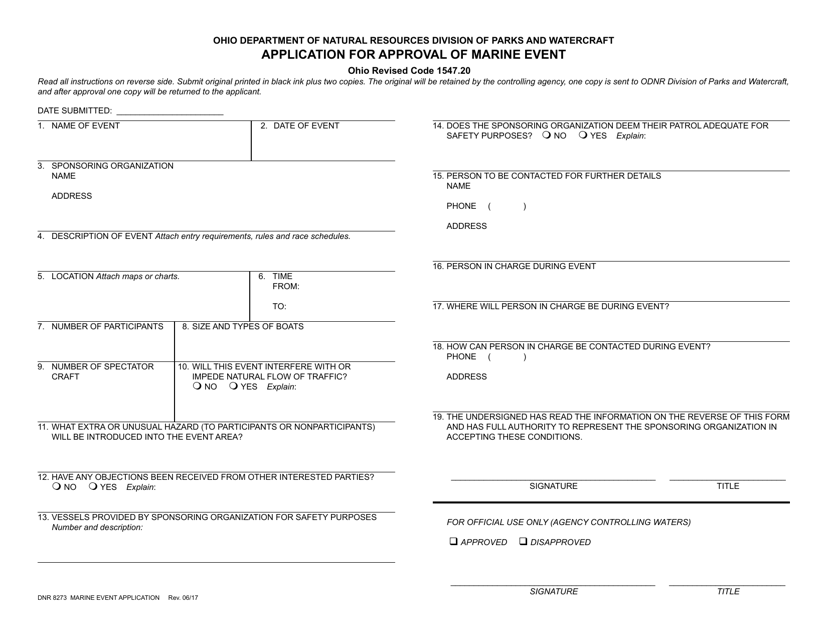 Form DNR8273 Application for Approval of Marine Event - Ohio