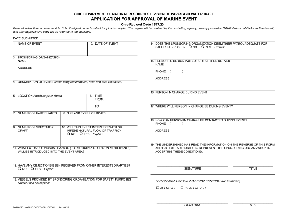 Form DNR8273 Application for Approval of Marine Event - Ohio, Page 1