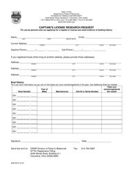 Form DNR8479 &quot;Captain's License Research Request&quot; - Ohio