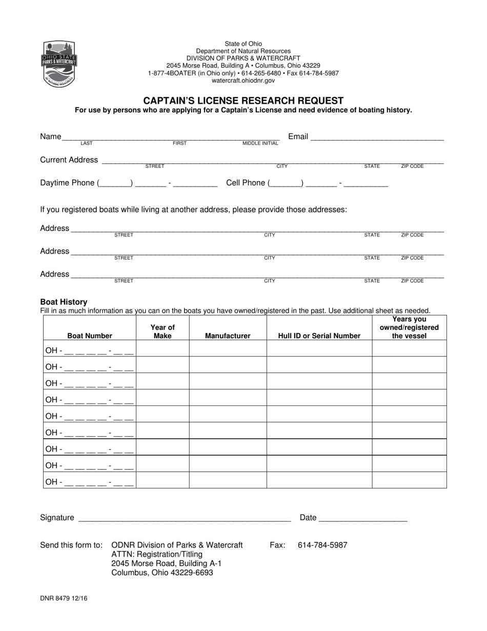 Form DNR8479 Captains License Research Request - Ohio, Page 1