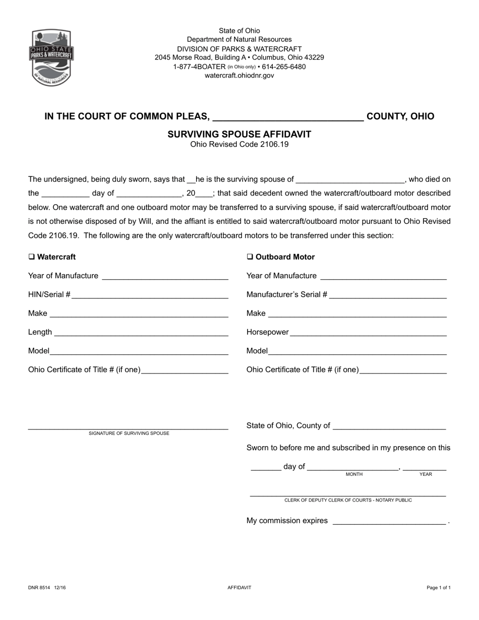 Form DNR8514 Surviving Spouse Affidavit - Ohio, Page 1