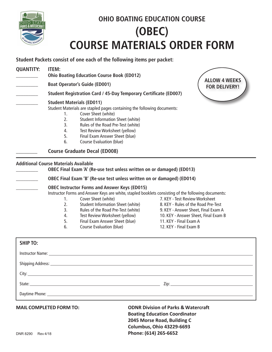 Form DNR8290 (Obec) Course Materials Order Form - Ohio, Page 1