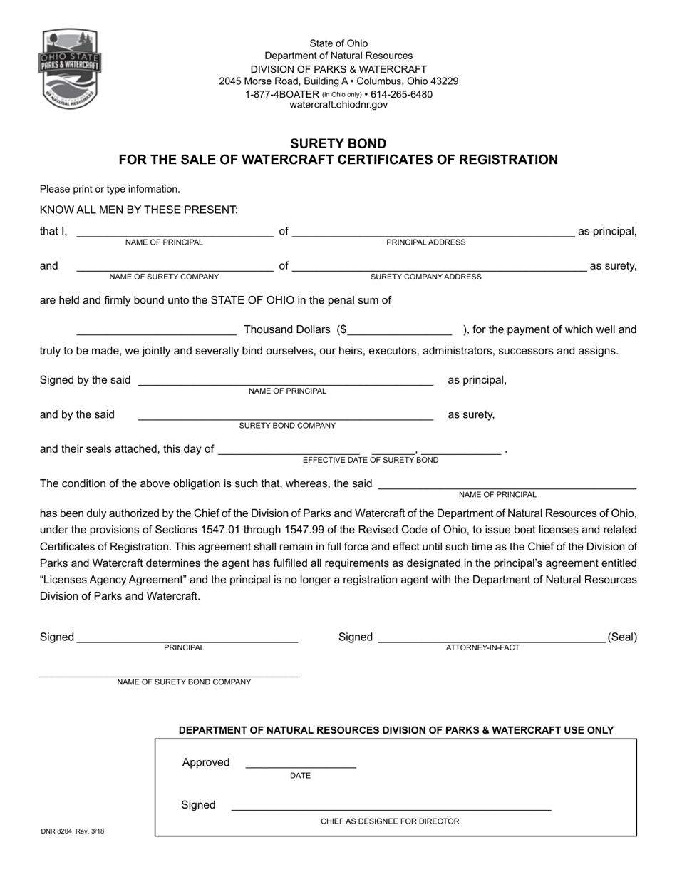 Form DNR8204 Surety Bond for the Sale of Watercraft Certificates of Registration - Ohio, Page 1