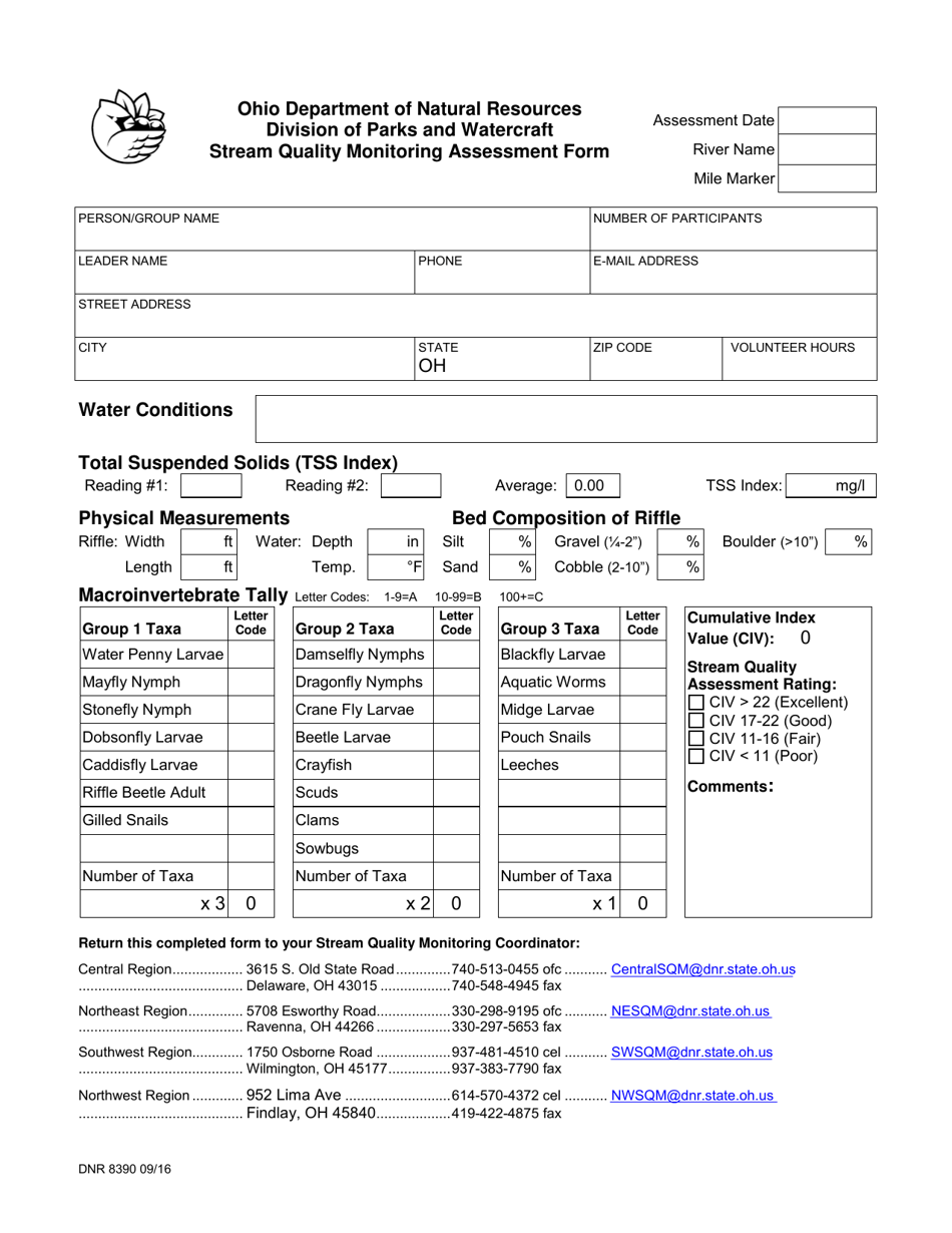 Form DNR8390 Stream Quality Monitoring Assessment Form - Ohio, Page 1