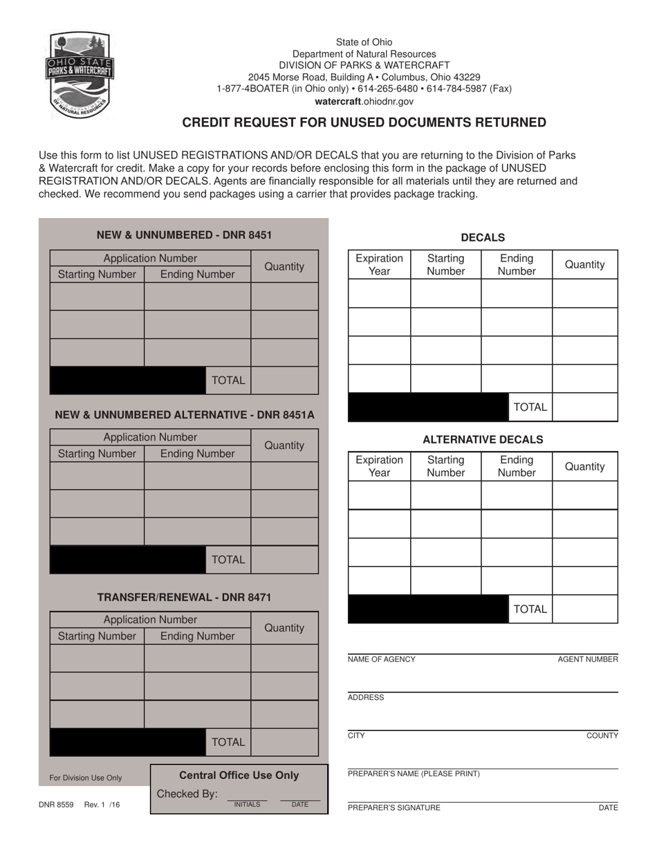 Form DNR8559 Credit Request for Unused Documents Returned - Ohio, Page 1