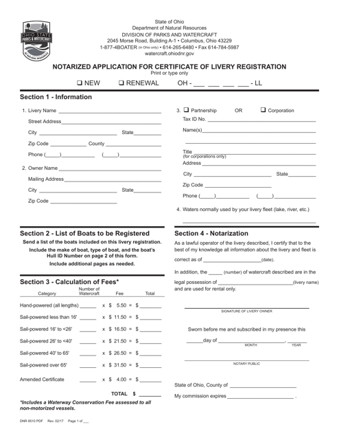 Form DNR8510 Notarized Application for Certificate of Livery Registration - Ohio