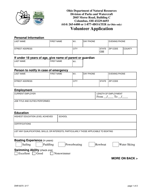 Form DNR8370 Volunteer Application - Ohio