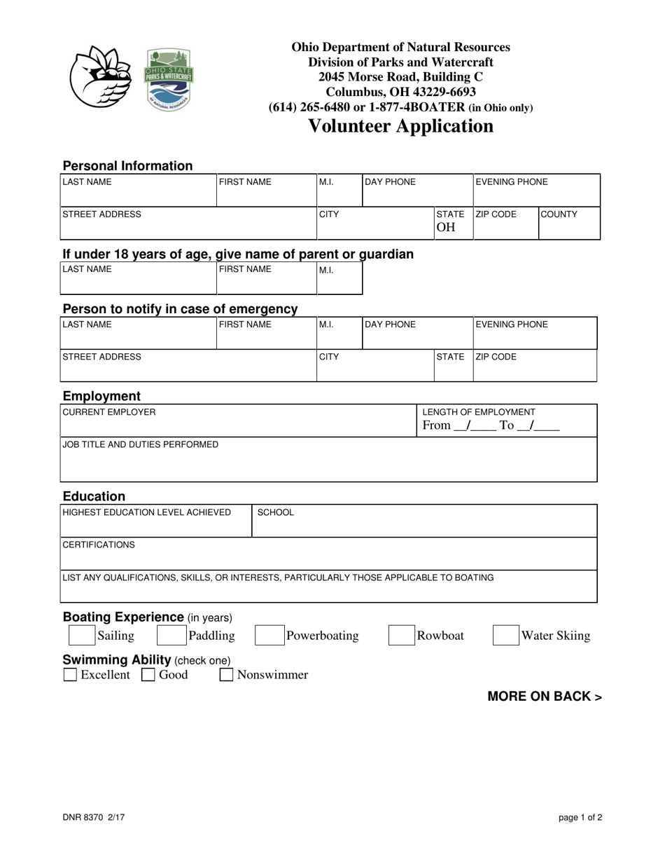Form DNR8370 Volunteer Application - Ohio, Page 1