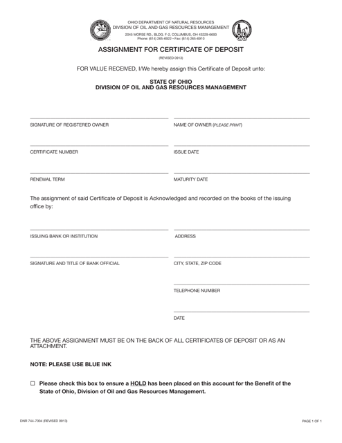 Form DNR744-7004 Assignment for Certificate of Deposit - Ohio