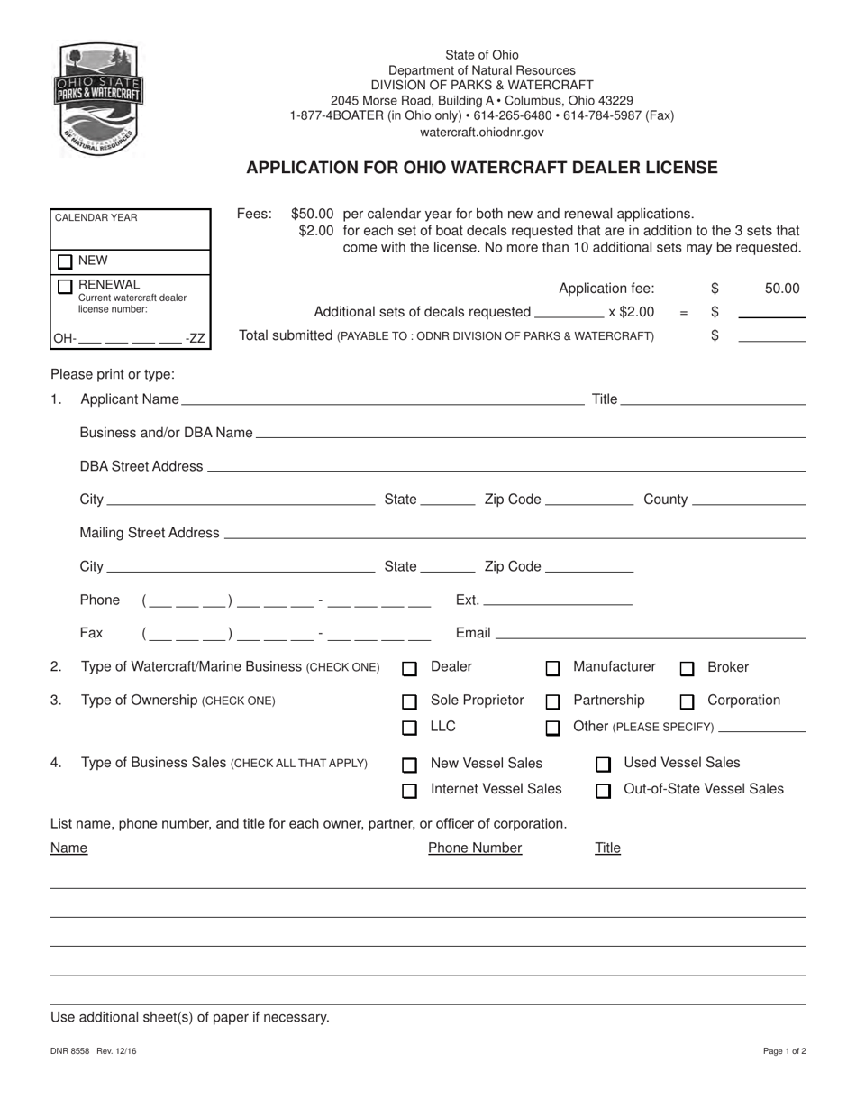 Form DNR8558 Application for Ohio Watercraft Dealer License - Ohio, Page 1
