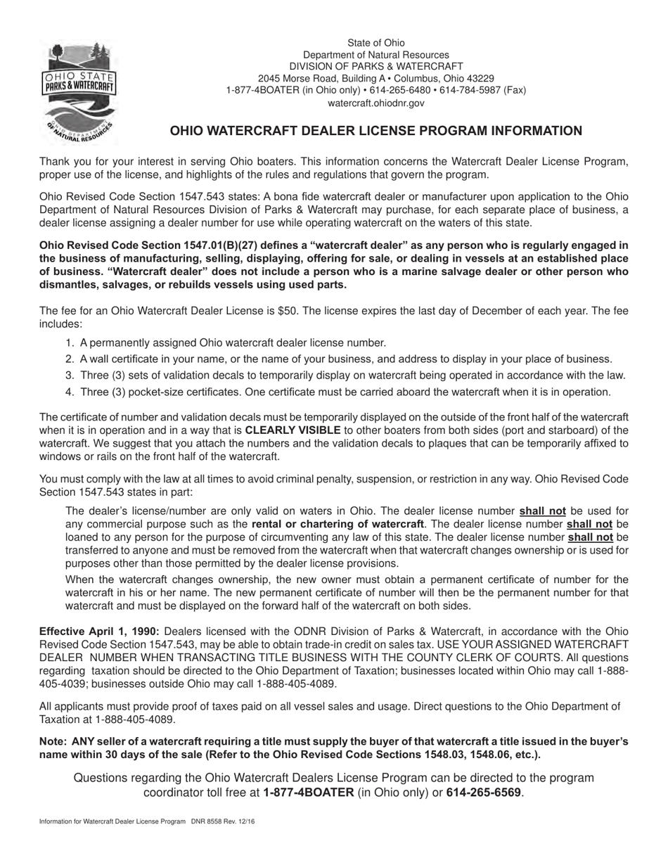 Form DNR8558 Application for Ohio Watercraft Dealer License - Ohio, Page 3