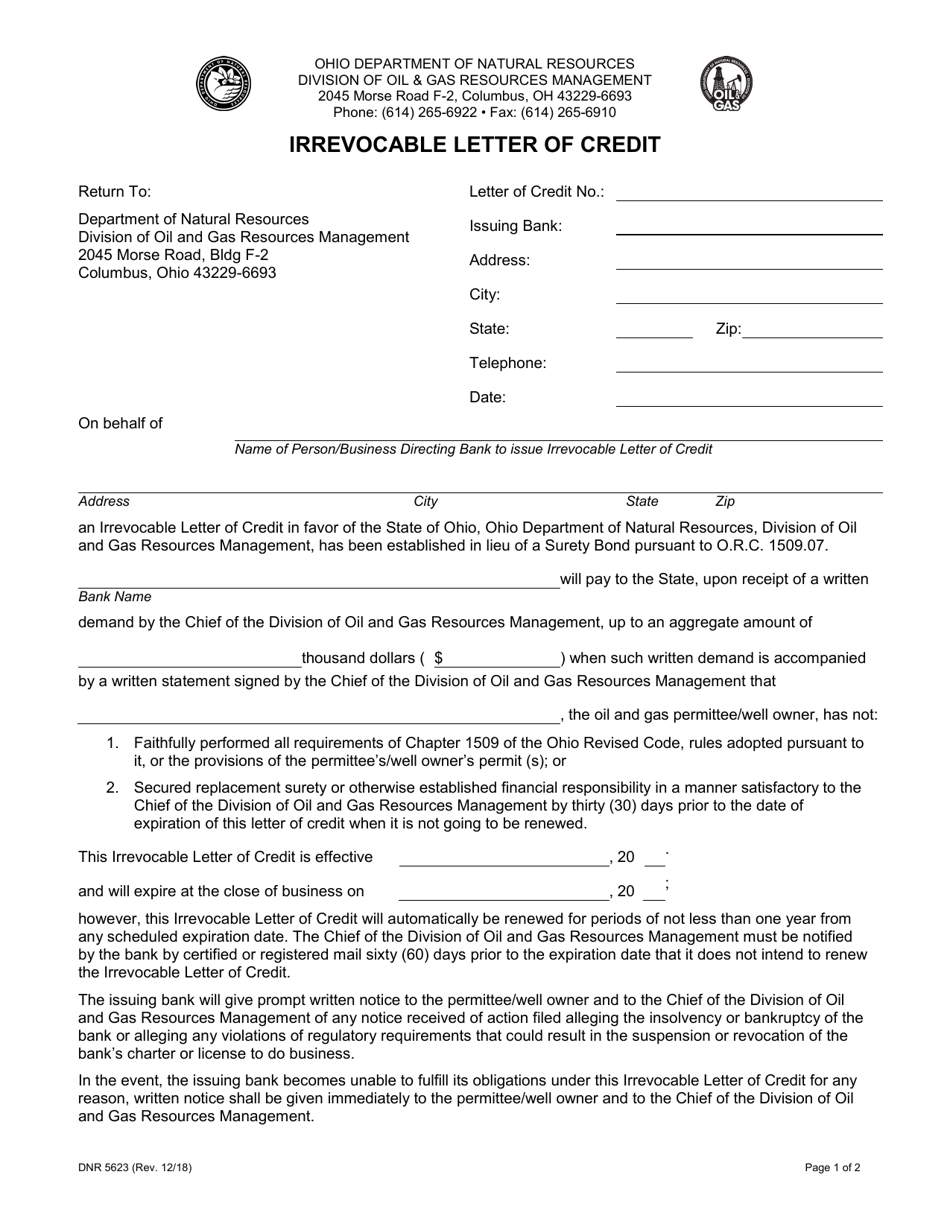 Form DNR5623 Irrevocable Letter of Credit - Ohio, Page 1