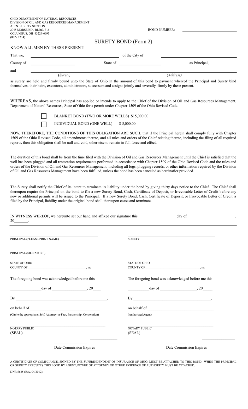 Form DNR5625 (2) Surety Bond - Ohio, Page 1