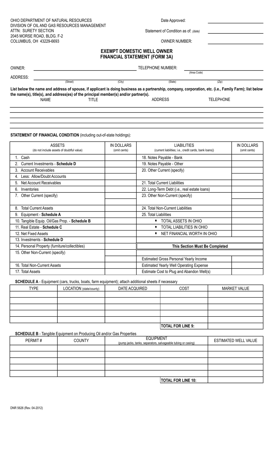 Form DNR5626 (3A) Exempt Domestic Well Owner Financial Statement - Ohio, Page 1