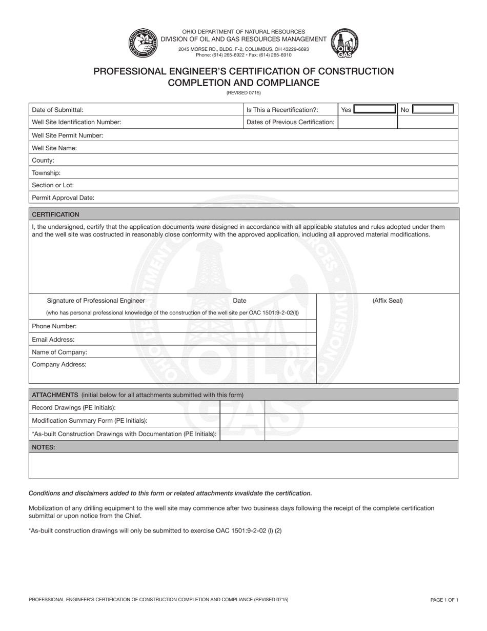 Professional Engineers Certification of Construction Completion and Compliance Form - Ohio, Page 1