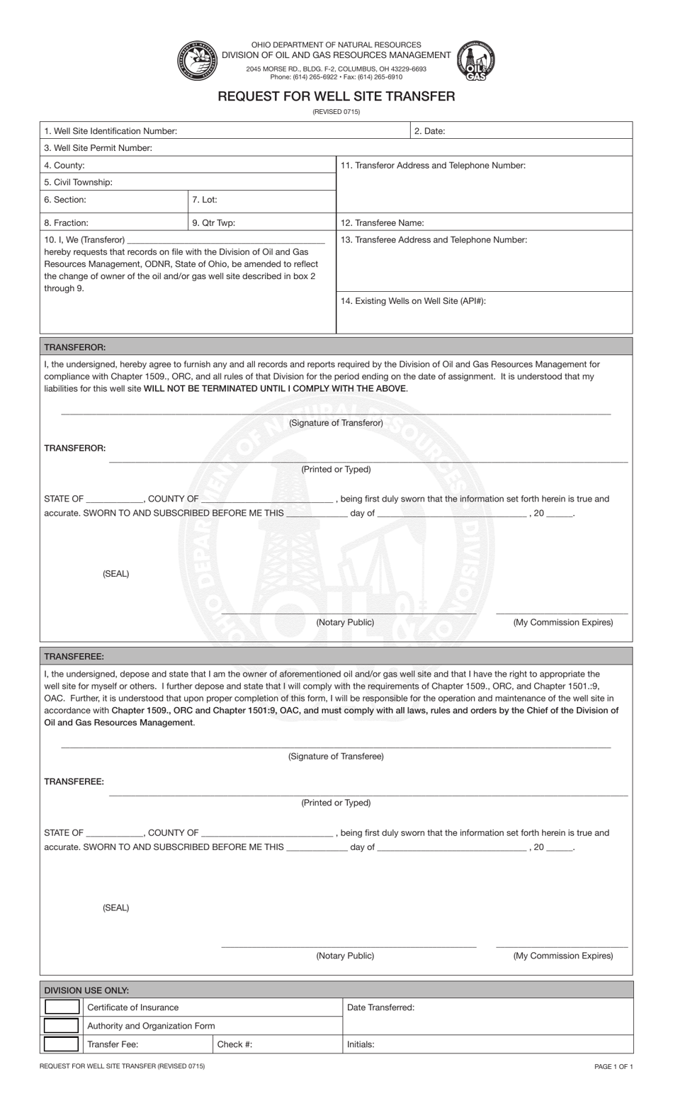 Request for Well Site Transfer Form - Ohio, Page 1