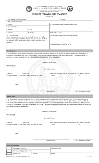 Request for Well Site Transfer Form - Ohio