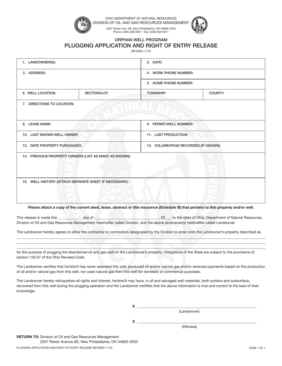Plugging Application and Right of Entry Release - Ohio, Page 1