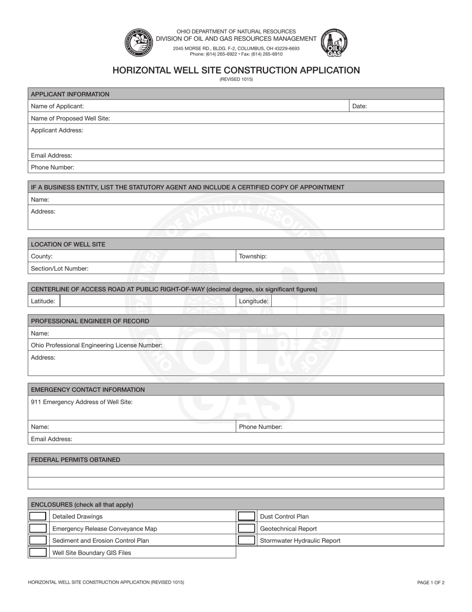 Horizontal Well Site Construction Application Form - Ohio, Page 1