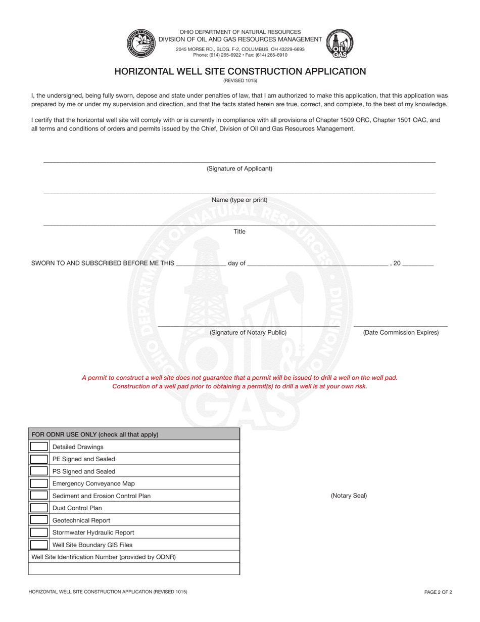 Horizontal Well Site Construction Application Form - Ohio, Page 2
