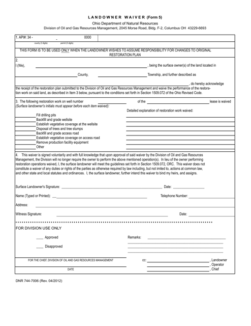 Form DNR744-7006 (5)  Printable Pdf