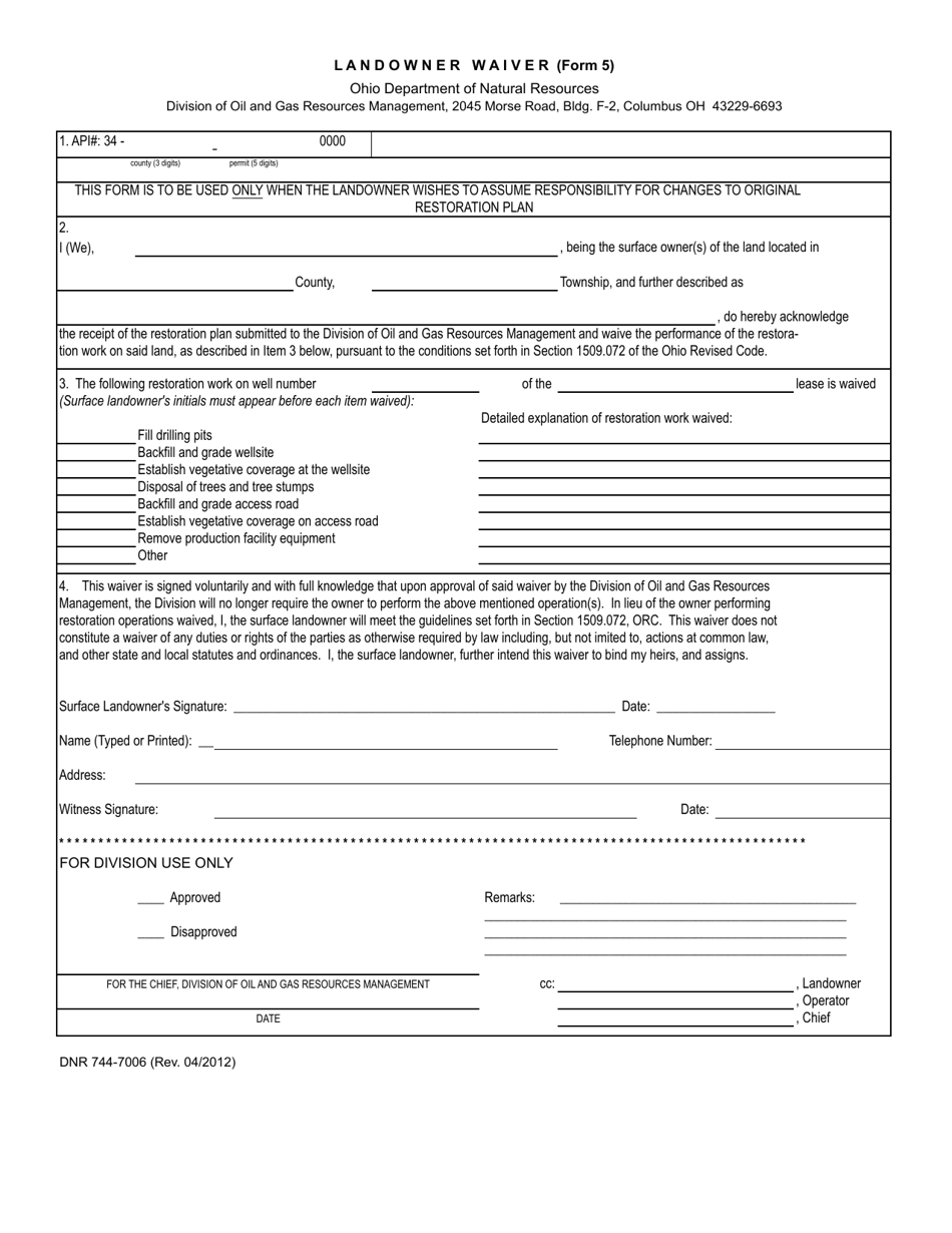 Form DNR744-7006 (5) Landowner Waiver - Ohio, Page 1