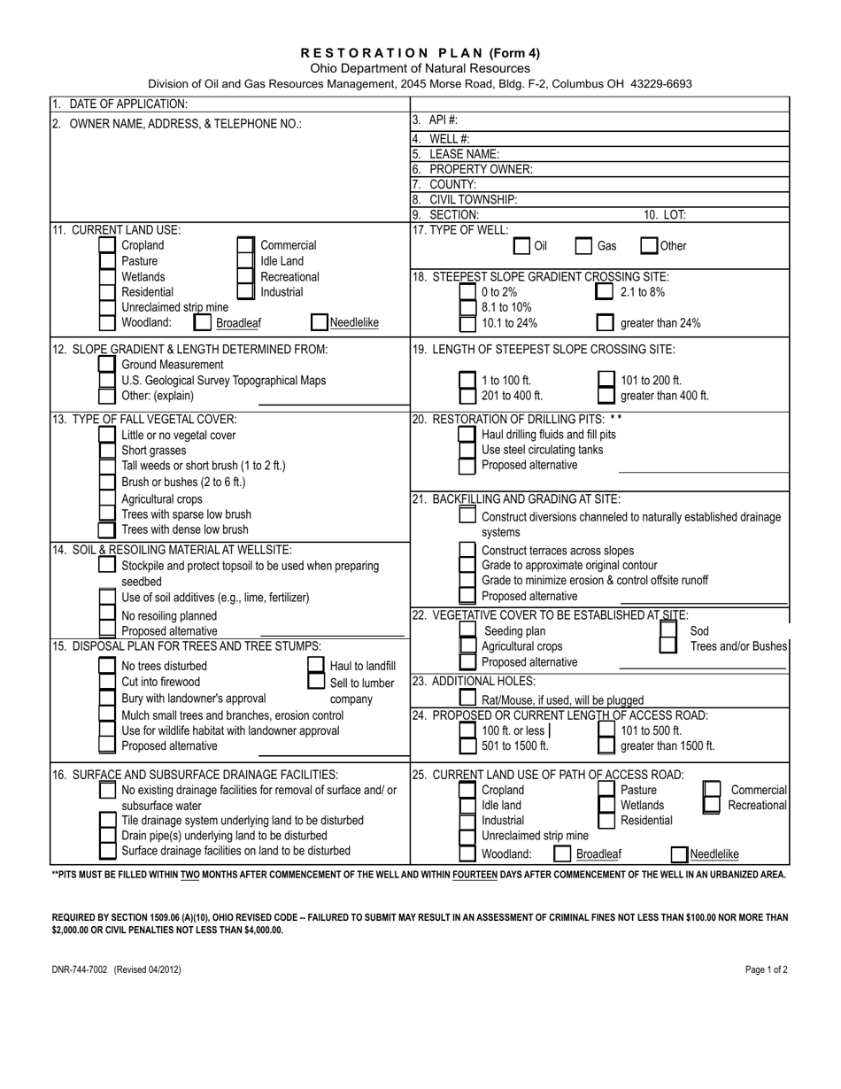 Form DNR-744-7002 (4) Restoration Plan - Ohio, Page 1