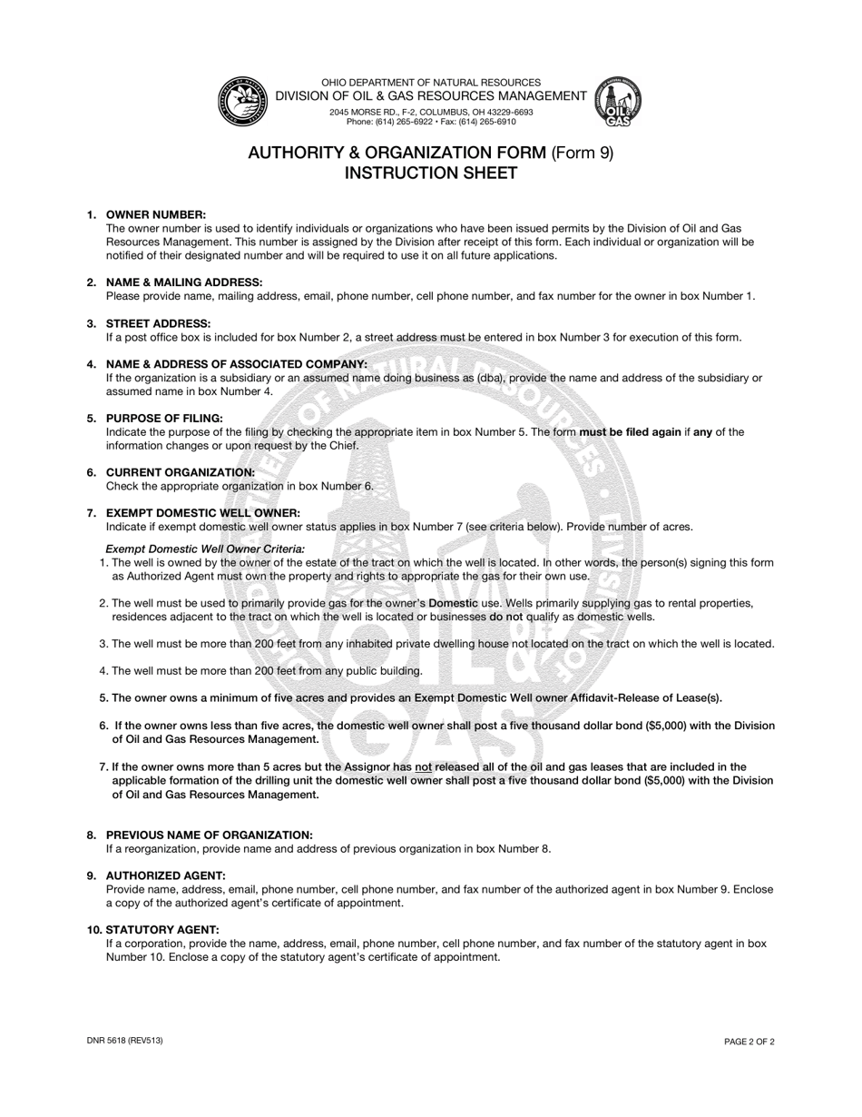 Form DNR5618 (9) Authority  Organization Form - Ohio, Page 2