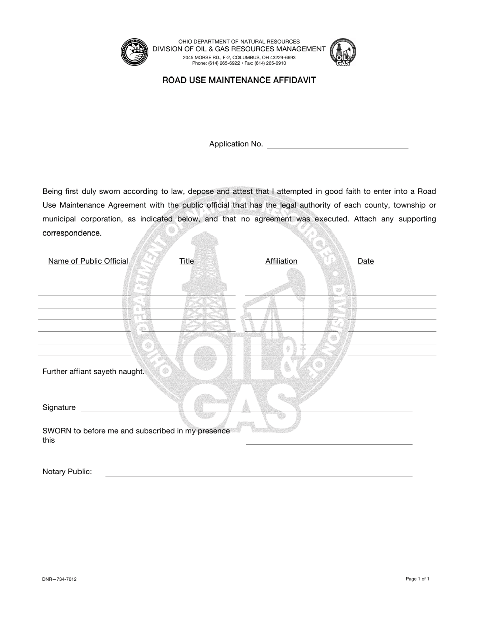 Form DNR-734-7012 Road Use Maintenance Affidavit - Ohio, Page 1