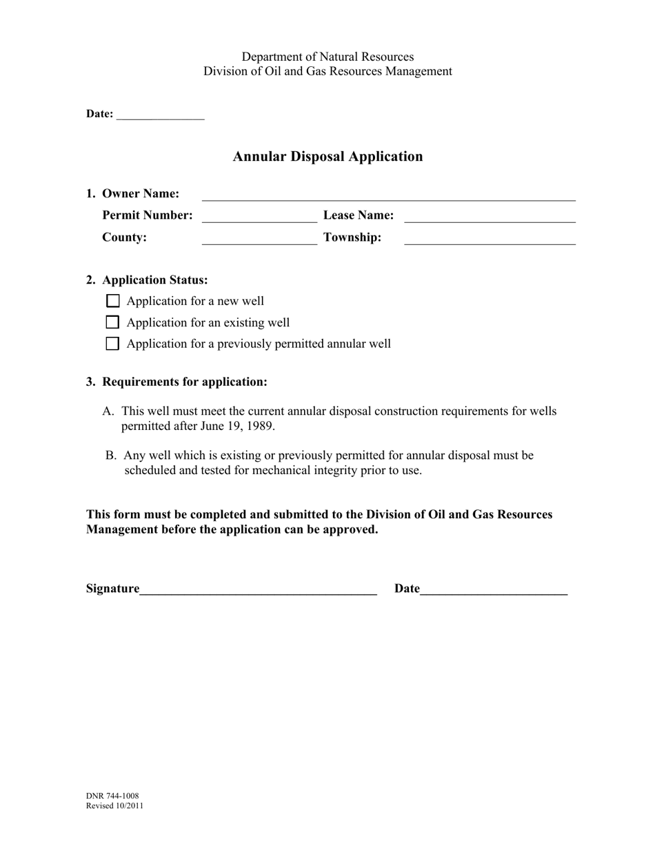 Form DNR744-1008 Annular Disposal Application - Ohio, Page 1