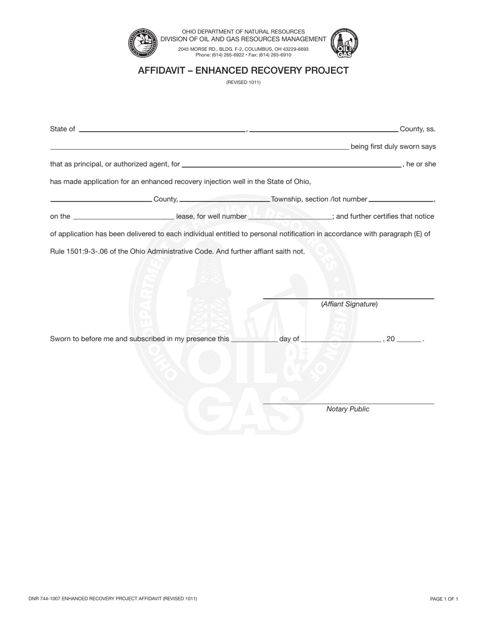 Form DNR744-1007 Affidavit - Enhanced Recovery Project - Ohio, Page 1