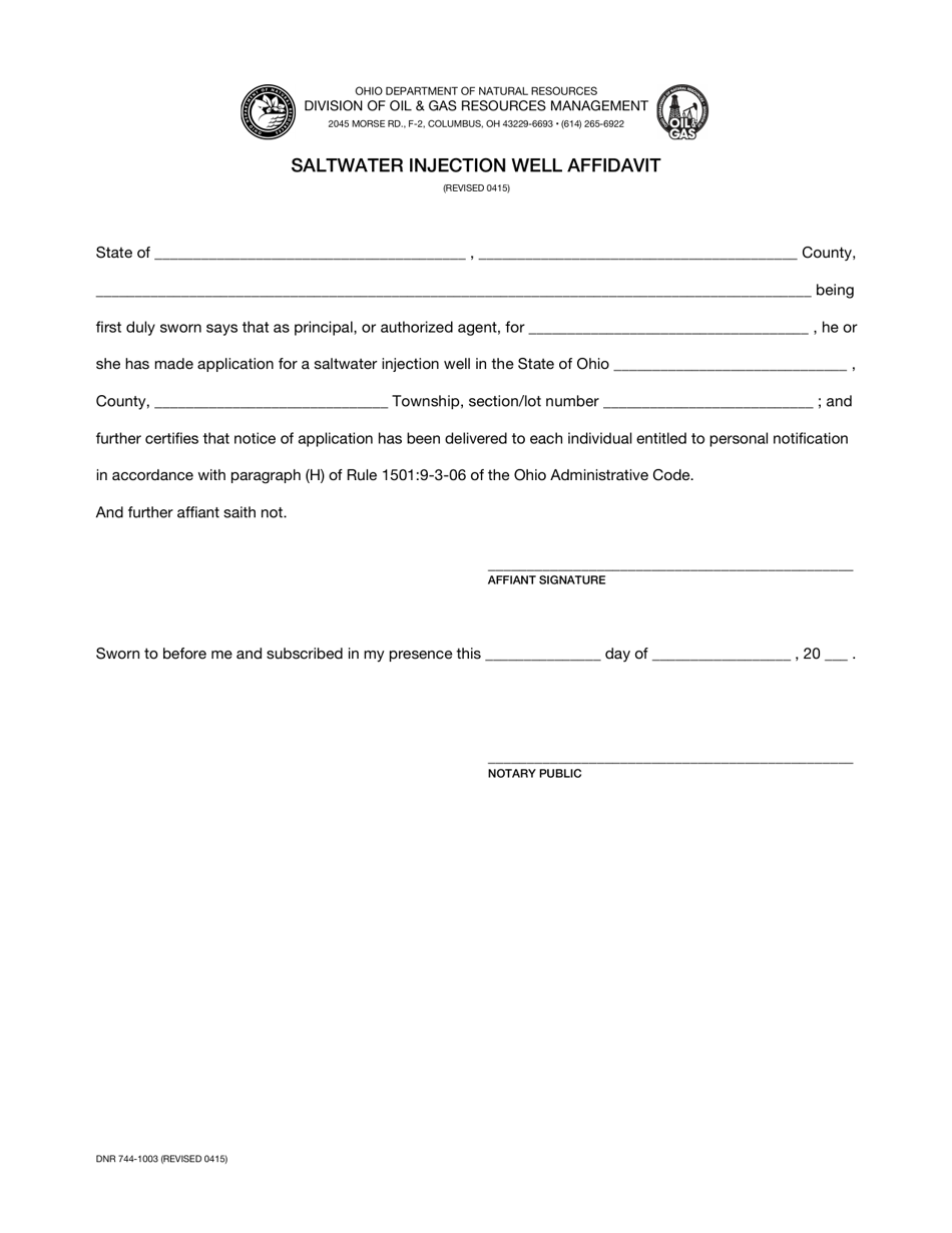 Form DNR744-1003 Saltwater Injection Well Affidavit - Ohio, Page 1
